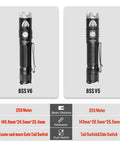 Comparison of BSS V6 Tactical Flashlight 2000 Lumens USB C Rechargeable LED With 6 Modes and BSS V5 model shown side by side.