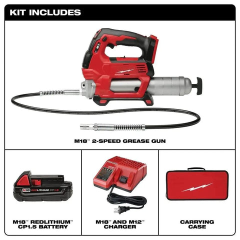Heavy Duty Cordless Two Speed High Flow Grease Gun Kit Runs Slick With Rapid Battery Charger And Extended Flex Hose, equipped with battery and charger.