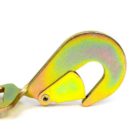 Axle Tie Down Combo Strap Kit 2 Inch Wide Classic Yellow 3300 Pound Safe Working Load hook close-up for heavy duty hauling