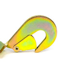 Beefy Heavy Duty Axle Tie Down Combo Straps With Snap Hook Ratchets close-up in Classic Yellow for secure vehicle transport