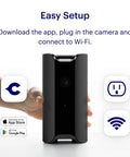 Indoor Home Security Cam 1080P HD WiFi, 24x7 Live Video, Siren, Climate Monitor featuring an easy setup guide with hand.