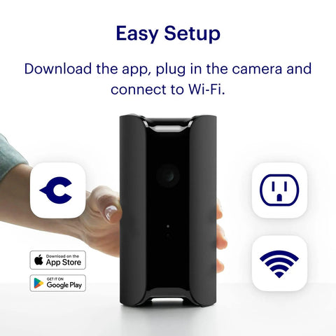 Indoor Home Security Cam 1080P HD WiFi, 24x7 Live Video, Siren, Climate Monitor featuring an easy setup guide with hand.