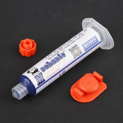 DIY Friendly UV Curing Solder Paste For PCB Repairs, Non Clean Flux That Requires No Wash, syringe and caps displayed