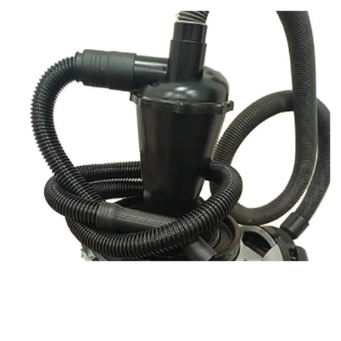 Turbo Woodworking Dust Collector With 12-Cone Cyclone Separator close-up, industrial grade vacuum system with hoses, home shop use.