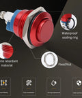 16mm 5/8 Inch Momentary Push Button Switch 1NO SPST Waterproof Aluminum Shell Red Self Reset Push To Start with features labeled