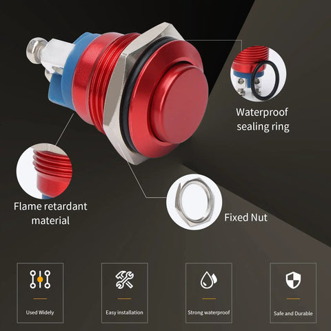 16mm 5/8 Inch Momentary Push Button Switch 1NO SPST Waterproof Aluminum Shell Red Self Reset Push To Start with features labeled