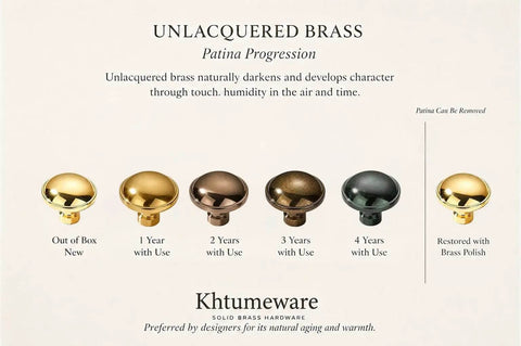 Top-Notch 100 Percent Solid Brass Cabinet Knobs Unlacquered 1-1/4 Inch Diameter 32mm patina development stages