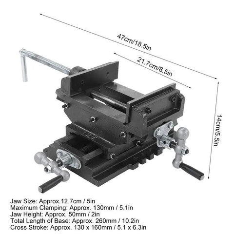 5 Inch Cross Slide Drill Press Vise For Heavy Duty Cast Iron Milling, Woodworking Clamping Vise, shown with dimensions