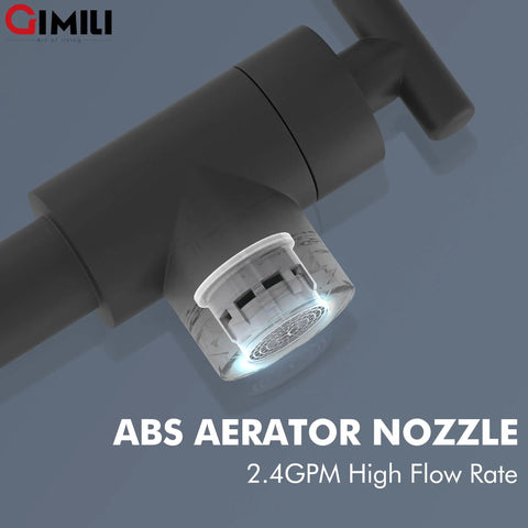 Slick Matte Black Pot Filler Faucet With A 24 Inch Swivel Arm And Smooth Dual Handles showing ABS aerator nozzle for high flow.