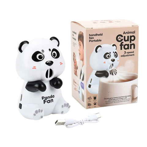 Nifty Desktop Cooling Fan Featuring Three Adjustable Speeds And Portable Usb Rechargeable Power to chill beverages with a panda design.