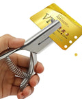 Professional Hardened Steel One Hand Sheet Metal Hole Punch That Easily Shreds Copper Brass Aluminum And Thin Steel Plates With Zero Sweat Heavy Duty Smooth Operator in hand with gold card.