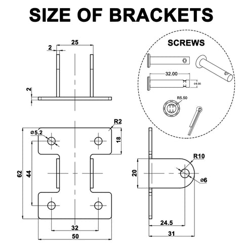 Dimensions for Two Pack Linear Actuator Mounting Brackets Silver Beefy Heavy Duty Aluminum H Shape Mounts with 180 Degree Rotation