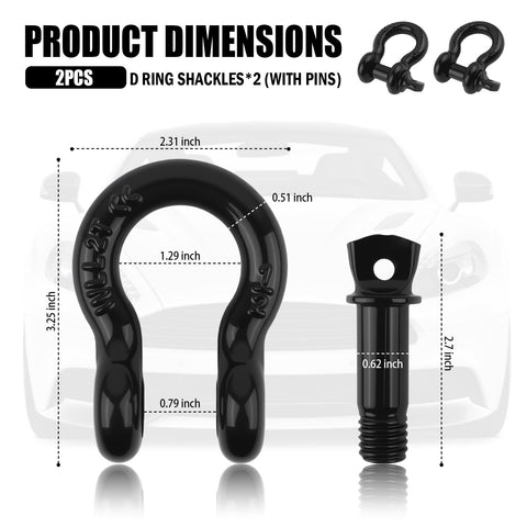 Heavy Duty Two Pack Half Inch D Ring Shackles With Five Eighths Inch Pins Eight Ton Breaking Strength And Two Ton Working Load Limit Ideal Vehicle Recovery And Winch Accessory For Off Roaders with dimensions