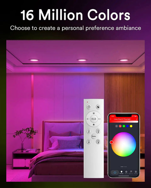 Smart LED Can Lights 5 To 6 Inch, WiFi Recessed RGB Color Changing Downlights in a bedroom with remote and app control display.