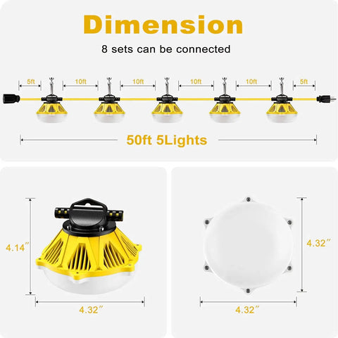 Diagram of Rugged 50 Ft LED Construction String Lights With 5 Sockets 100W, showing dimensions and lamp details.