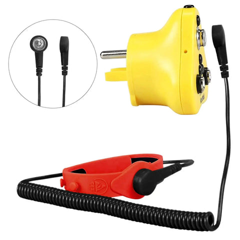 2 In 1 ESD Wrist Strap With Grounding Plug For Easy Grounding From Outlet Socket Static Control Anti Static Silicone Bracelet Earth Bonding Plug For Rubber Mat showing red bracelet and yellow plug.