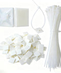 200 Piece Self Adhesive Cable Ties With Rubber Base Nylon Wire Heavy Duty Cord Organizers showing white nylon zip ties and adhesive clips.