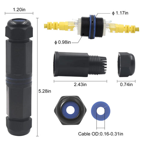 Waterproof RJ45 Coupler IP68 5.3 Inch Shielded Female To Female Ethernet Connector dimensions and components