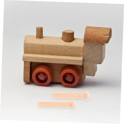 Miniature Wooden T Shaped Pin Nails Set For Crafts And Woodworking 20 Pcs Great For Fine Detail Work Like Train Wheel Models Solid Wood Pins For Precise Assembly DIY Ready shown with wooden train model