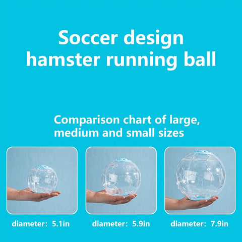 Comparison of Dwarf Hamster Ball 5.1 Inch With Football Design among 5.1in, 5.9in, and 7.9in hamster balls in hand.