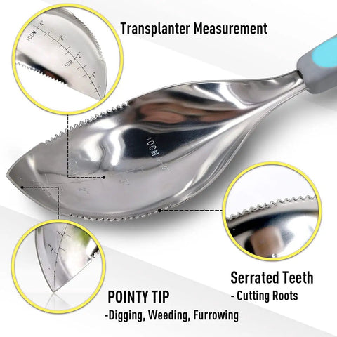 Close-up of Two Pack Beefy Garden Trowels Set With Stainless Steel Blades And Ergonomic Handles For Digging Planting Transplanting Cultivating And All In One Soil Scoops In Blue showing serrated edges and measurements.