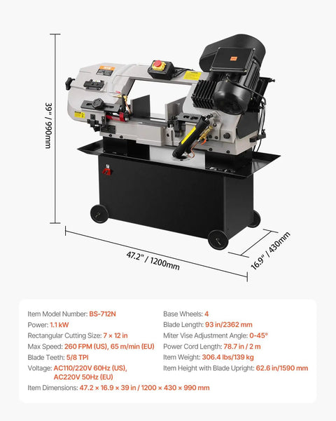 Metal Horizontal Band Saw With 7 By 12 Inch Rectangular Cutting Capacity, Dual 110V To 220V Power, variable speed on stand