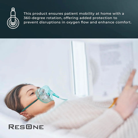 Oxygen mask with tubing worn by patient in bed (side view); green translucent mask; ResOne logo visible