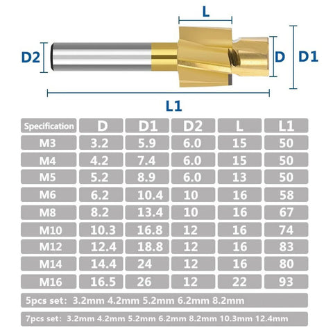 NUSHKI counterbore end mill for metal milling; gold-colored cutting head with silver shank