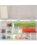 Open plastic case displaying WJW 60B R Wire Jumper Kit with 350 pieces in 22 AWG wires in 10 colors and 14 lengths for breadboarding.