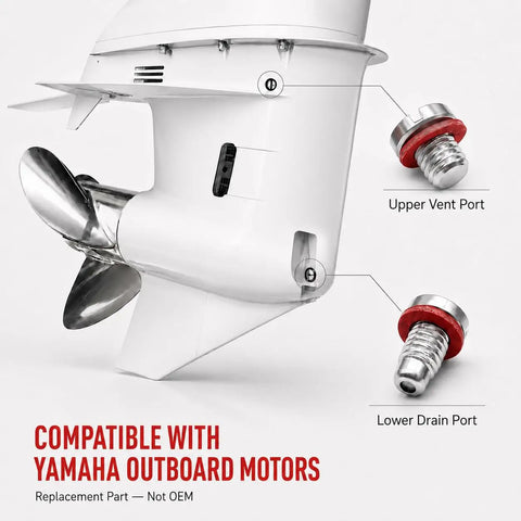 Beefy Stainless Steel Lower Unit Magnetic Drain And Vent Plug Kit with red gaskets for Yamaha outboard gearcase diagram
