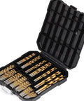 Tough As Nails 99 Piece Drill Bit Set For Steel Wood And Metal With Secure Storage Compartments showing organized drill bits in black case.