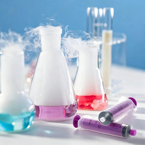 8 Piece 60ML External Spiral Syringe Set With Purple Plunger And Sealing Screw Cap For Pet Feeding Lab Use And Liquid Dispensing in a lab setting.