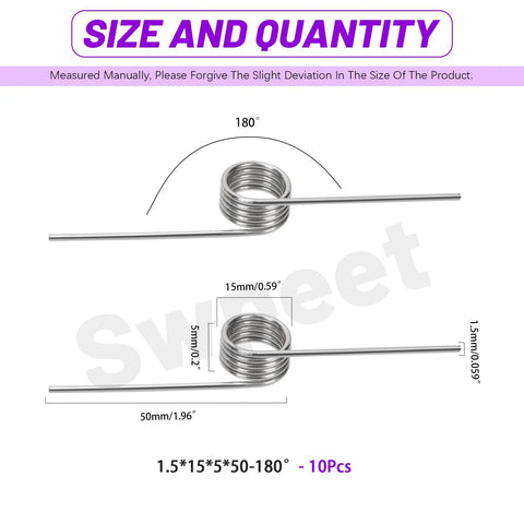 10 Pack 180 Degree Stainless Steel Torsion Springs, 1.5mm Wire Diameter, 15mm Outside Diameter, 50mm Length, size diagram