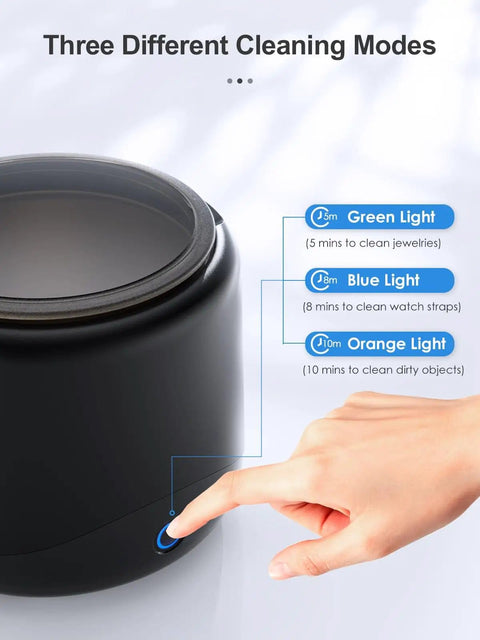 Deep Clean Ultrasonic Retainer Cleaner All In One 45kHz Power For Dentures Mouth Guards Aligners Braces Toothbrush Heads And Jewelry 230ml Cleaning Pod With Three Modes And Digital Timer showing three cleaning modes, hand pressing button