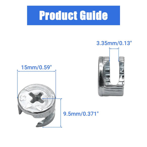 Built Tough 20 Pack 15X9.5MM Cam Lock Nuts For Furniture Fixes And Cabinet Assemblies Carbon Steel Nickel Plated with dimensions.
