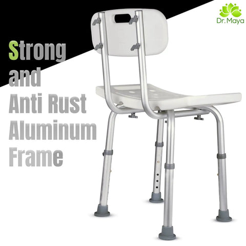 Adjustable Bath And Shower Chair With Back Support For Seniors, anti-slip feet, and durable aluminum frame.