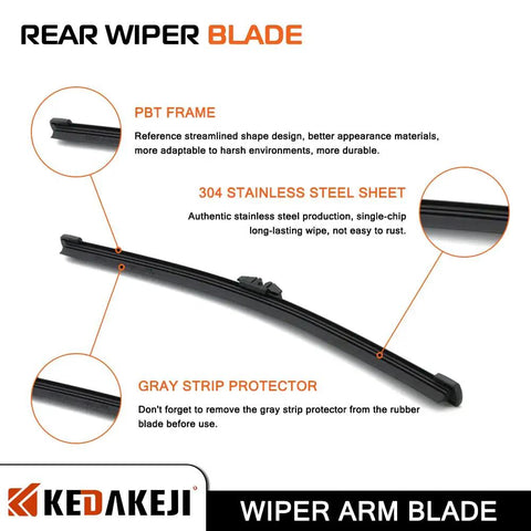 Heavy Duty Badass Rear Windshield Wiper Arm Assembly Slick Quick Clip Swap For Ford Escape 2013 To 2018 close-up of wiper blade features