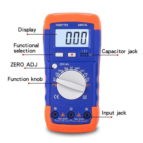 Handheld Capacitance Meter With LCD Backlight And Data Hold 1999 Count Display Measures 200 pF To 20 mF High Accuracy Pro Grade Portable Lab Tool For The Workshop Factory Or Home Testing Workhorse, front view