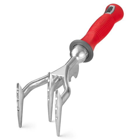 Red-handled Double Sided Garden Cultivator And Tiller For Simple Soil Aeration And Tillage, A Heavy Duty Hand Tool with steel prongs