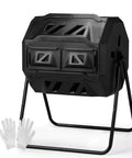 42 Gallon Outdoor Dual Chamber Compost Tumbler With Sliding Doors No Sweat Heavy Duty Rotating Batch Composter For Garden Backyard Lawn Kitchen Weatherproof Dual Bin System In Black, shown with gloves and screwdriver