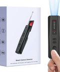 Packaging and handheld view of Five In One Hidden Camera Detector With RF Wireless Scanner And GPS Tracker Finder For Hotels Travel Home And Office 2025 Upgraded