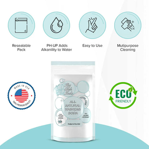 2 Pound All Natural Washing Soda Soda Ash For Laundry And Heavy Cleaning Made In The USA In A Reusable Bag with features listed
