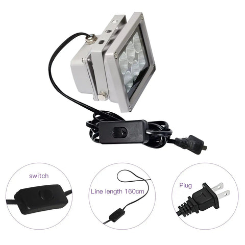 UV Resin Curing Light For 3D Printers SLA DLP LCD Models 405nm UV LED Lamp With 60W Output, showing plug, switch, and cable details
