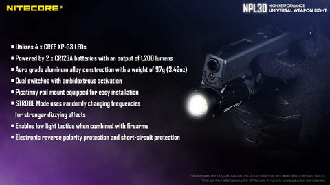 NPL30 Piston Rail Mount Light With Beefy 1200 Lumen Output Four CREE XP-G3 LEDs shown on firearm with ambidextrous switch