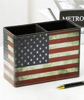 Top Shelf American Flag Desk Organizer Built With Premium Pu Leather And Retro Vintage Style That Brings Sick Vibes To Any Room As Sharp Pen And Pencil Holder For Office Or Home Decor Supplies, featuring a 2-section design.