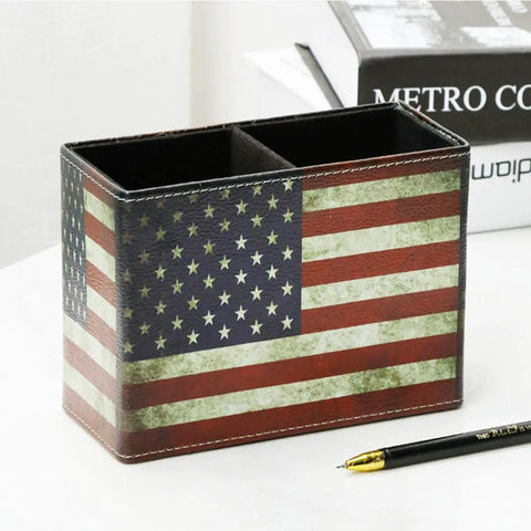 Top Shelf American Flag Desk Organizer Built With Premium Pu Leather And Retro Vintage Style That Brings Sick Vibes To Any Room As Sharp Pen And Pencil Holder For Office Or Home Decor Supplies, featuring a 2-section design.