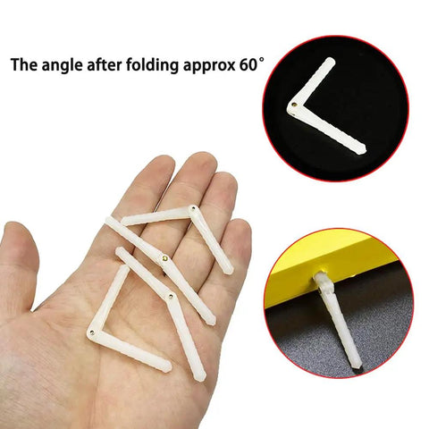 10 Pieces RC Airplane Plastic Pin Hinges 4.5x67mm Easy Install Hinges shown on hand, demonstrating folding capability and installation detail.