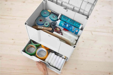 Open Sys3 Combo M Drawer Systainer With Front Access In A Tower Pro Grade Tool Organizer showing tools and inserts