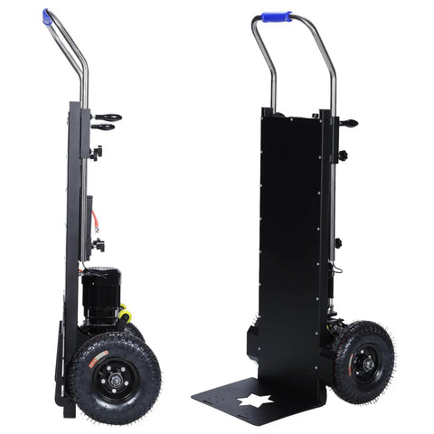 Electric Stair Climbing Hand Truck Featuring a Robust 1500W Motor and 880 Lbs Load Rating showing a side view and rear with large tires.