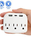 Hand holding a 2 Piece Cruise Power Strip With USB Ports Travel Adapter For Cruise Ship Essentials Non Surge Protection White